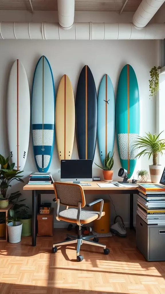 A stylish coastal home office with wall-mounted surfboards and a modern desk setup.