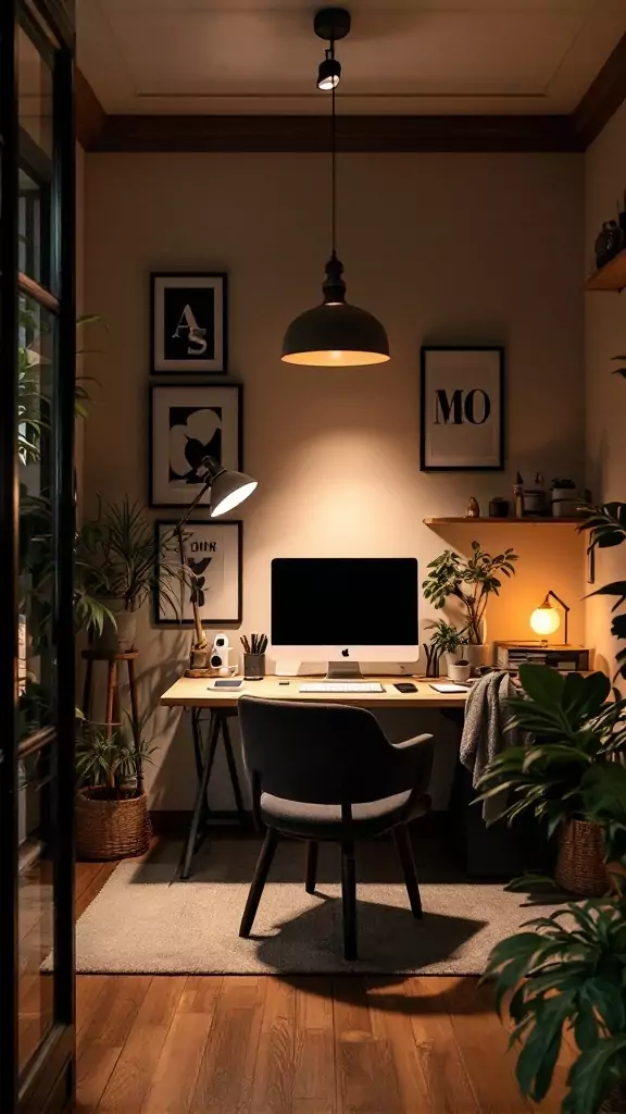 A stylish modern farmhouse office with warm lighting, featuring a desk, chair, and plants.