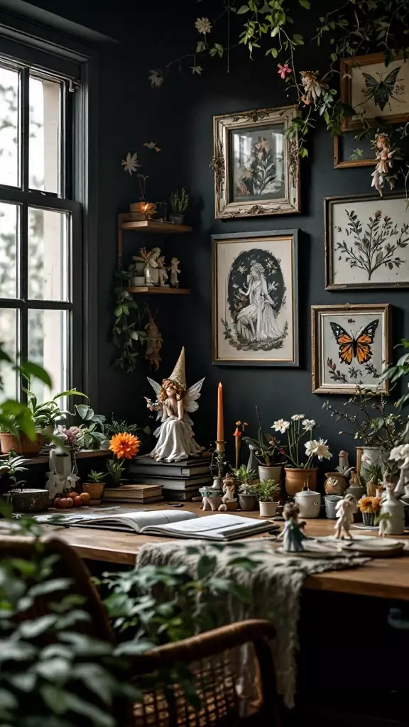 A cozy dark Cottagecore home office with plants, art, and whimsical decorations.