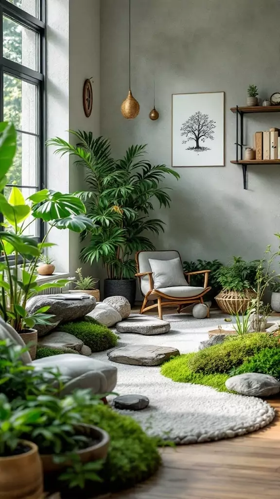 A serene workspace inspired by a Zen garden, featuring plants, stones, and a cozy chair.