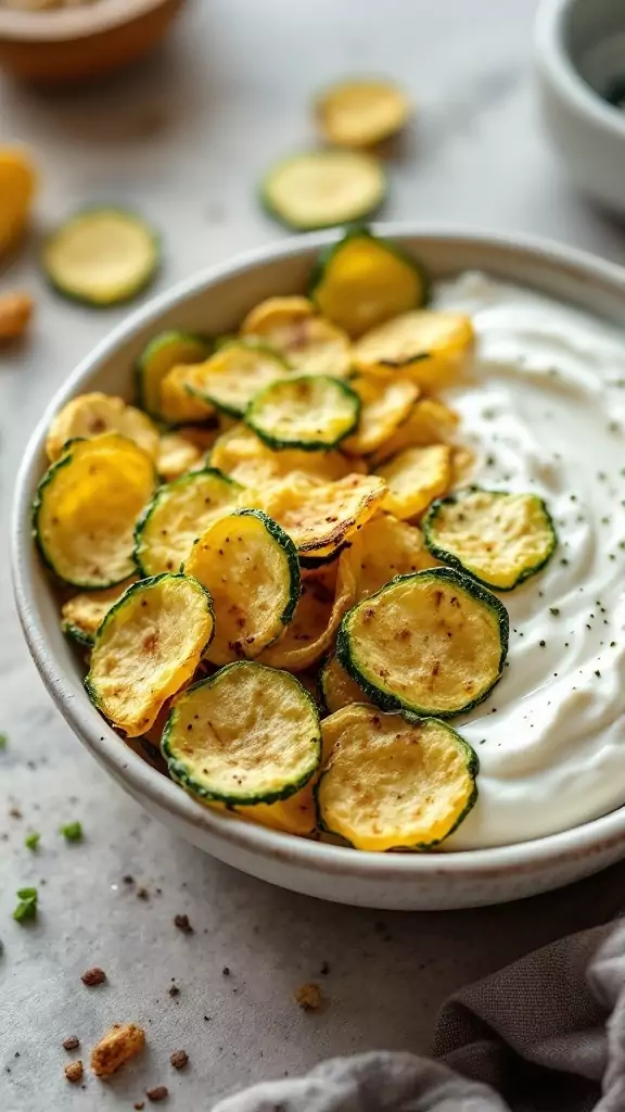 Bowl of zucchini chips with a creamy dip