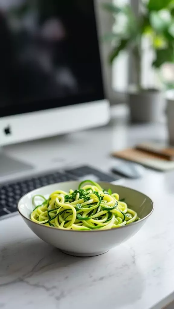 Bowl of zucchini noodles with pesto on a desk near a computer