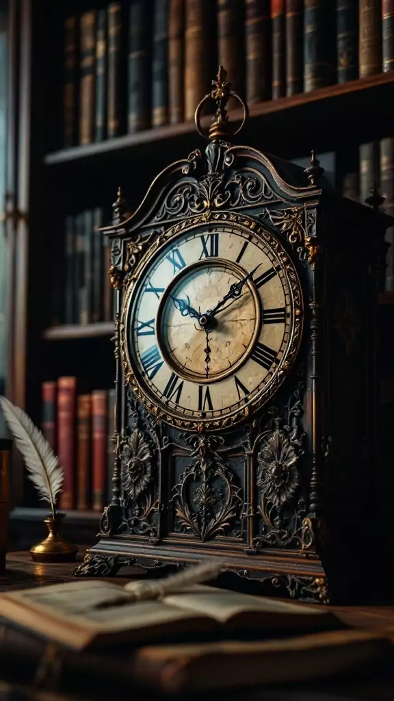 An ornate antique clock in a dark wood setting with books in the background.