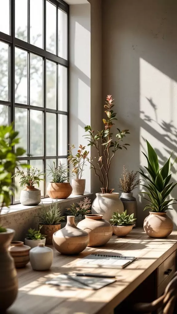 Beautifully arranged clay and ceramic pots with plants in a bright, airy office setting.