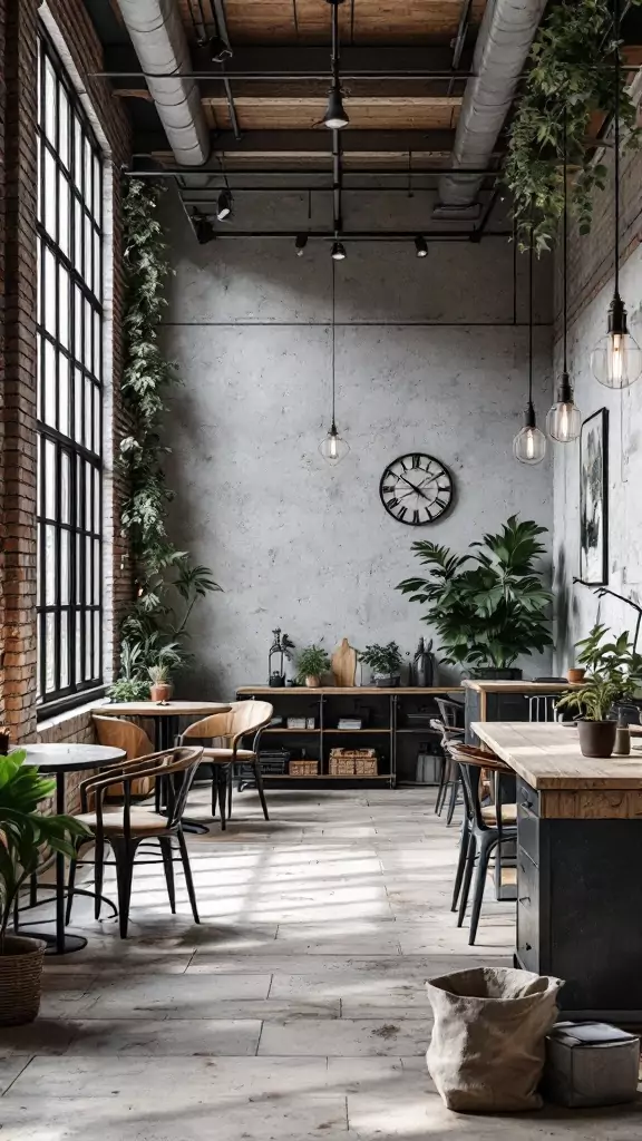 An industrial chic office featuring exposed brick, plants, and stylish furniture.