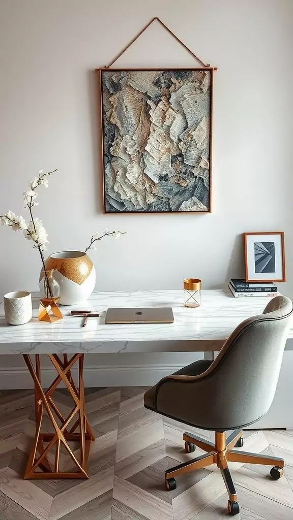 A chic marble desk with gold accents, perfect for a glamorous office setup.