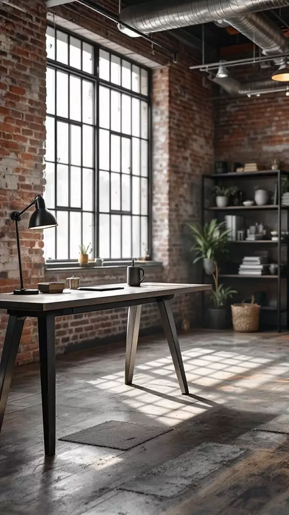 A raw metal desk in a modern industrial office space with exposed brick walls and large windows.