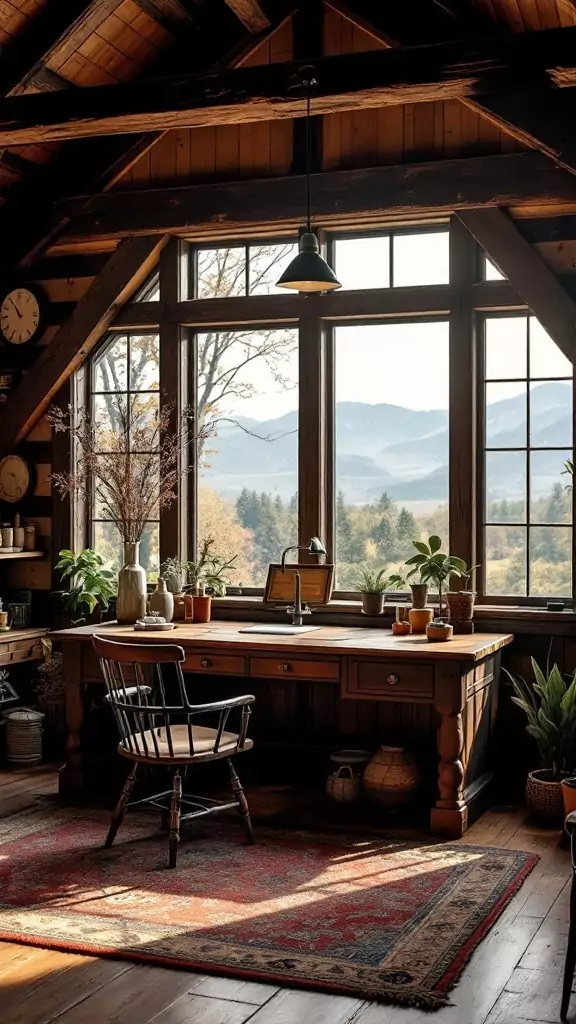 A rustic lodge farmhouse office with wooden furniture, large windows, and a cozy atmosphere.