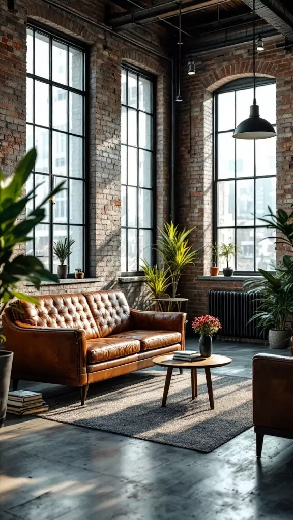 A stylish seating area featuring distressed leather sofas in an industrial office setting with large windows and greenery.