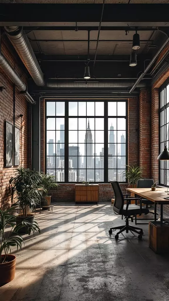 A modern industrial office with exposed brick walls and large windows overlooking a cityscape.