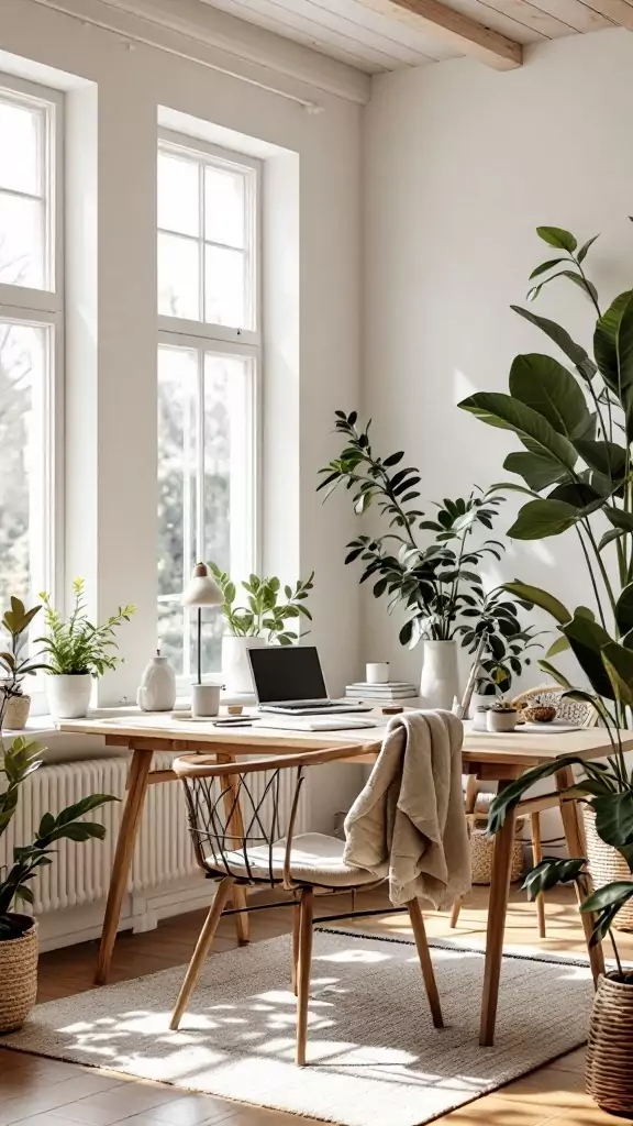 A bright and inviting Scandinavian farmhouse office with plants, a wooden desk, and cozy decor.