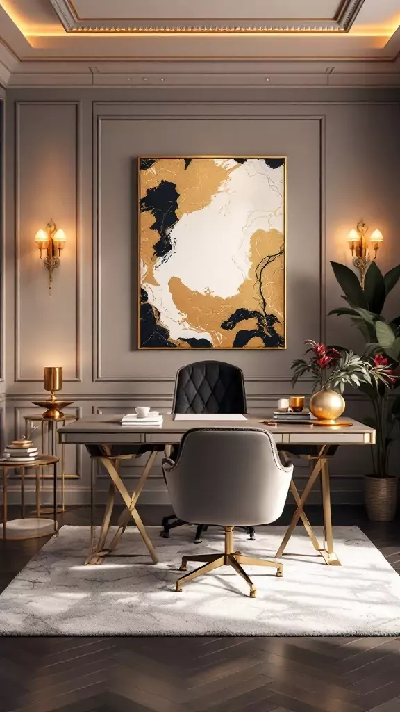 A stylish office with statement wall art in gold and black, featuring a chic desk and elegant decor.