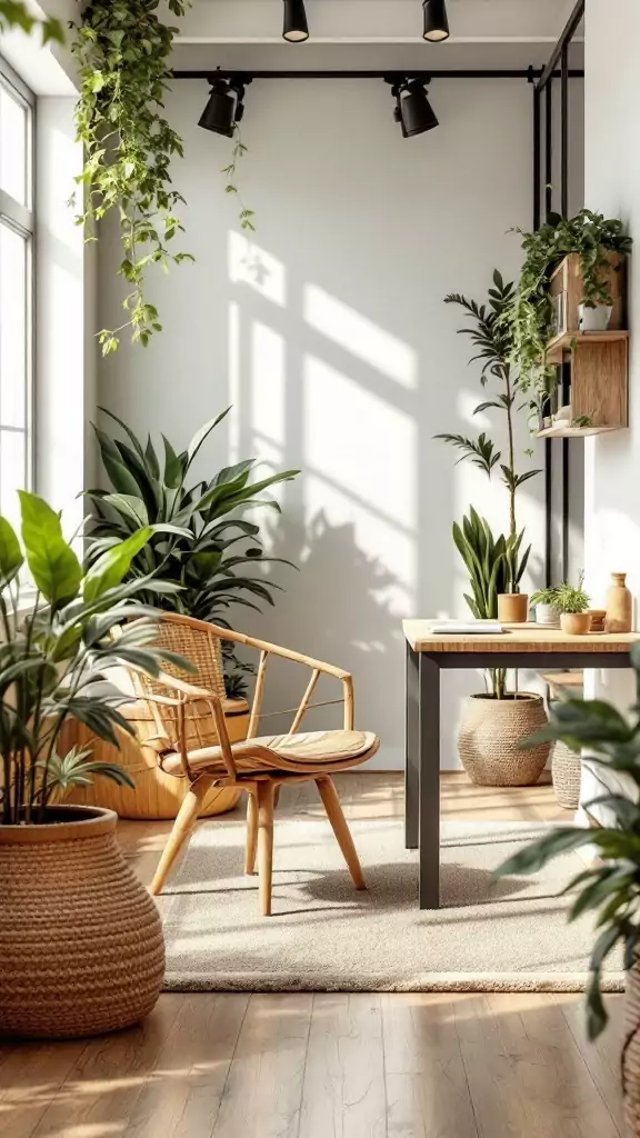 A bright and inviting office space filled with plants, featuring a modern wood desk and an earthy aesthetic.