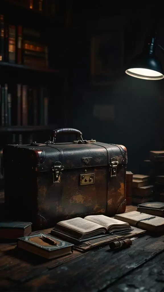 A vintage suitcase placed on a desk surrounded by books and a lamp, creating a dark academia aesthetic.