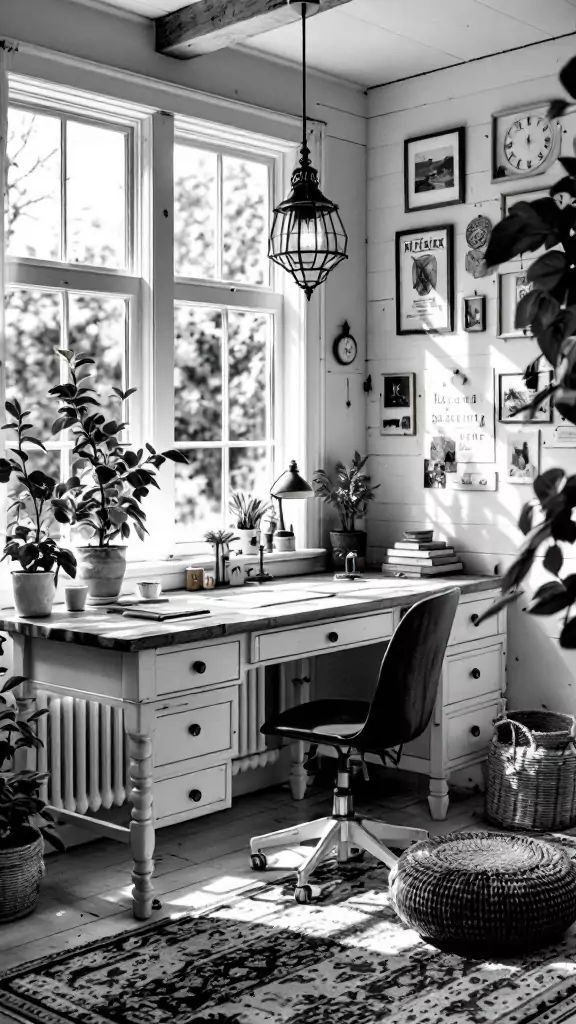 Chic black and white farmhouse office with desk, plants, and decorative wall art.