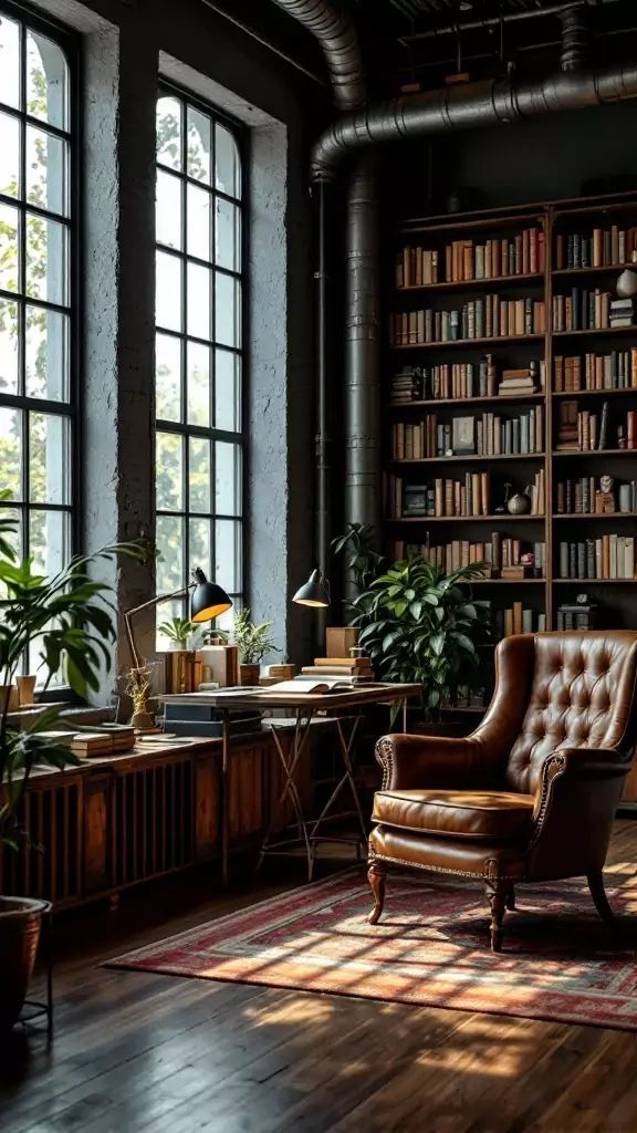 A cozy dark academia industrial office setup featuring large windows, a vintage armchair, and bookshelves filled with books.