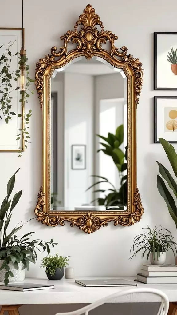 A beautiful gilded mirror hanging in a stylish office setting.