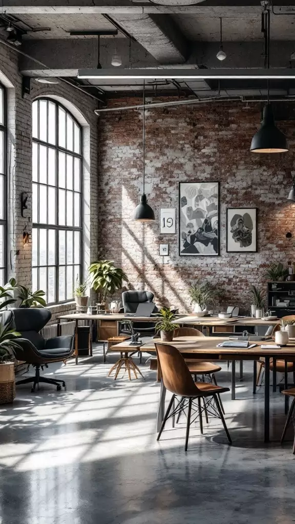 Loft-style open workspace with exposed brick walls and modern furniture.