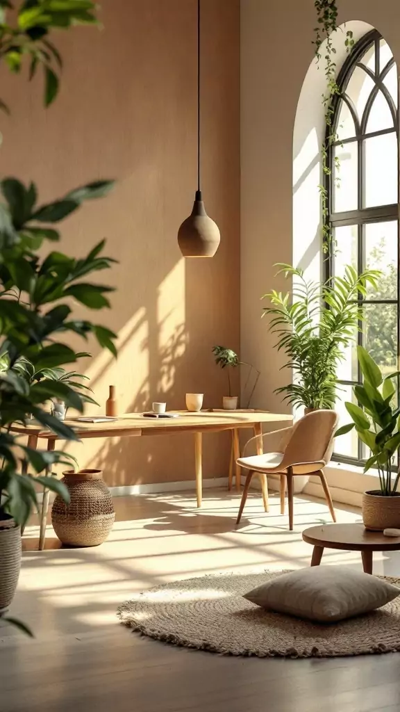 A bright and airy office space with soft lighting, a modern wood desk, and lush greenery.