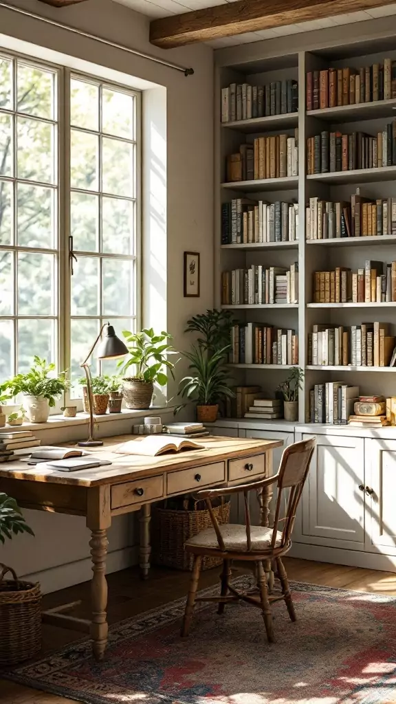 Cozy farmhouse library office with wooden desk, bookshelves, and plants