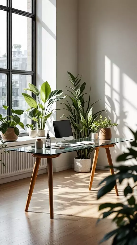 A glass desk with wooden legs in a bright office with plants.