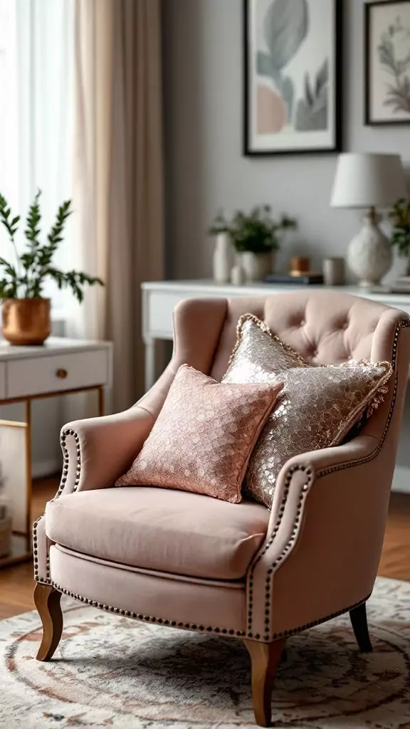 A cozy armchair with sequin and satin throw pillows, styled in a chic office space.