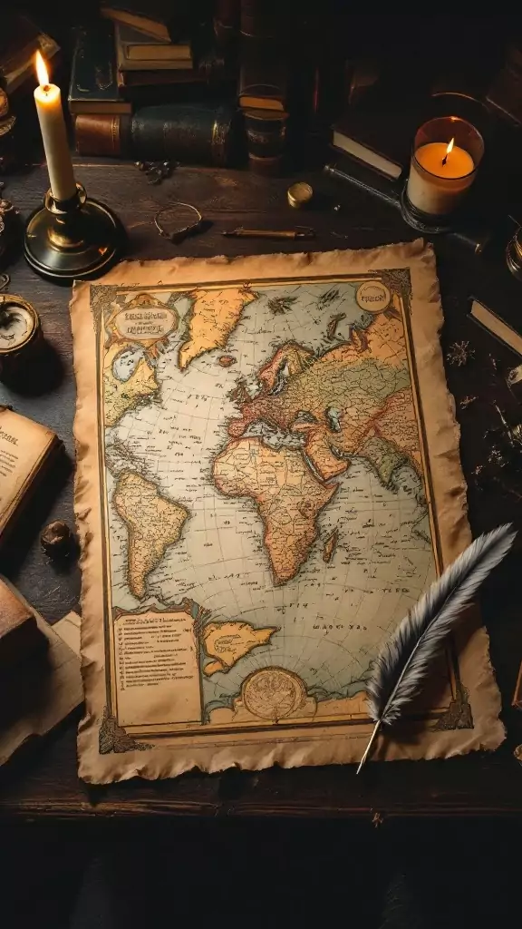 A vintage map displayed on a dark wooden desk surrounded by candles, books, and a feather quill.