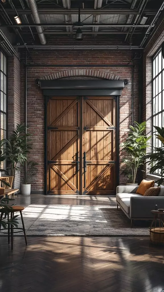 Warehouse-style rolling doors in an industrial office setting with plants and modern furniture.