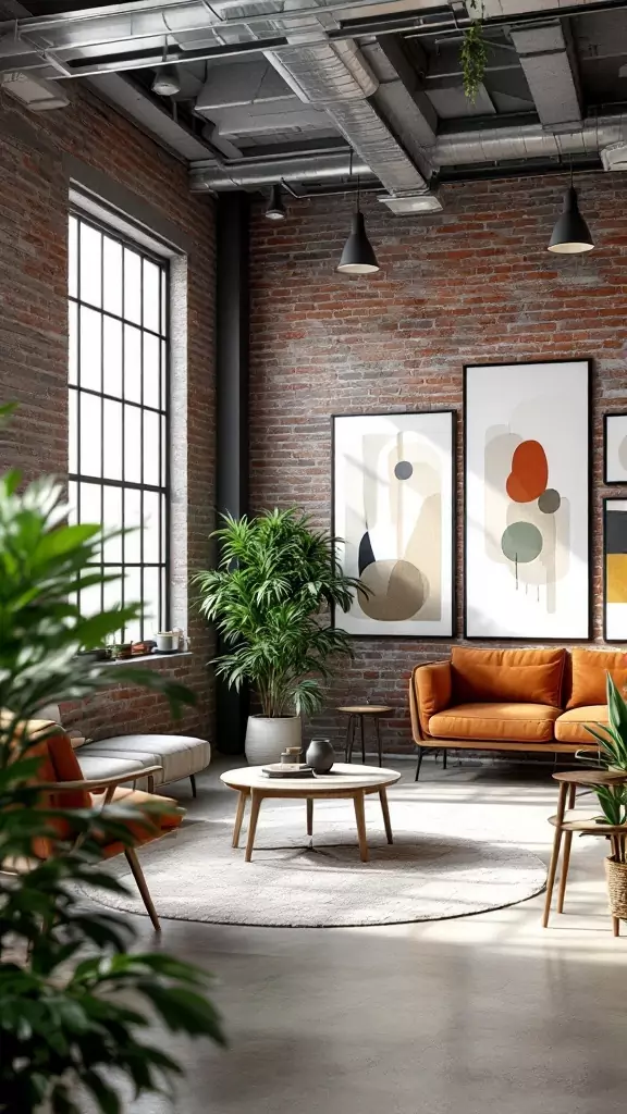 A cozy artistic industrial office featuring exposed brick walls, modern furniture, and artistic decor.