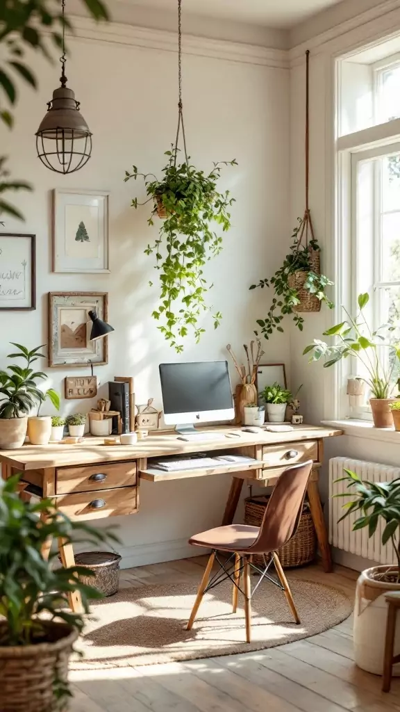 Elegant farmhouse office with a wooden desk, modern computer, and hanging plants.