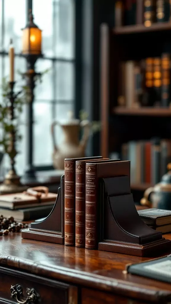 Leather bookends holding vintage books on a wooden desk with a dark moody office background.