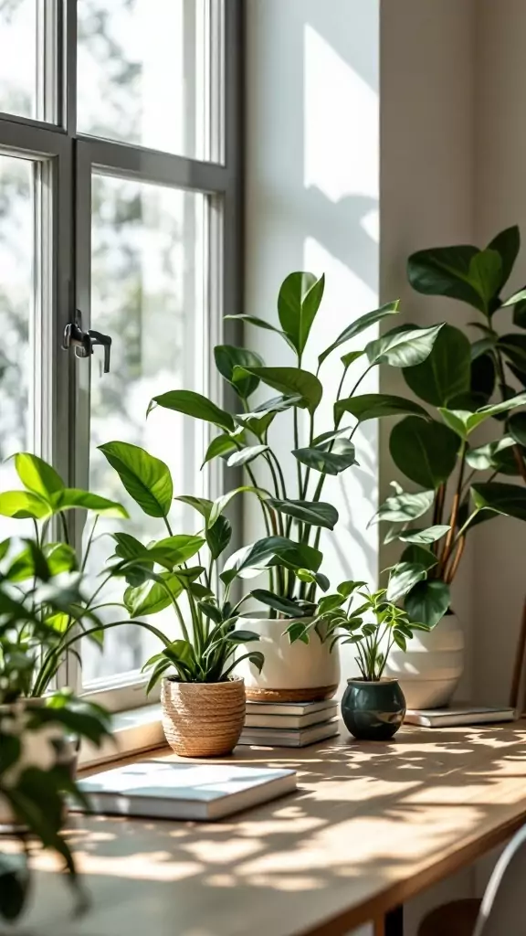 Indoor plants on a modern wood desk near a window, enhancing an earthy office atmosphere.