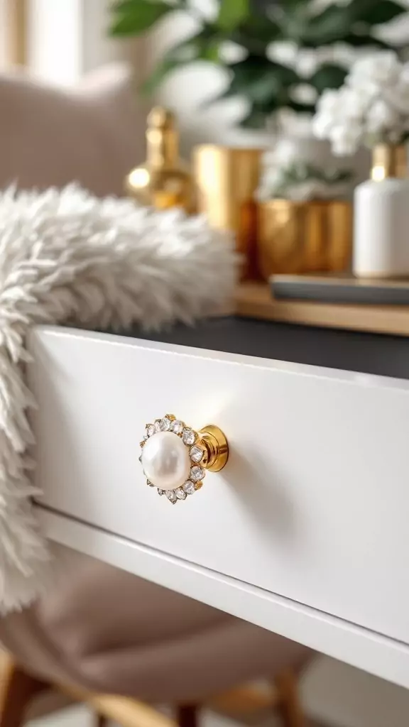 Close-up of a drawer with a pearl and crystal knob