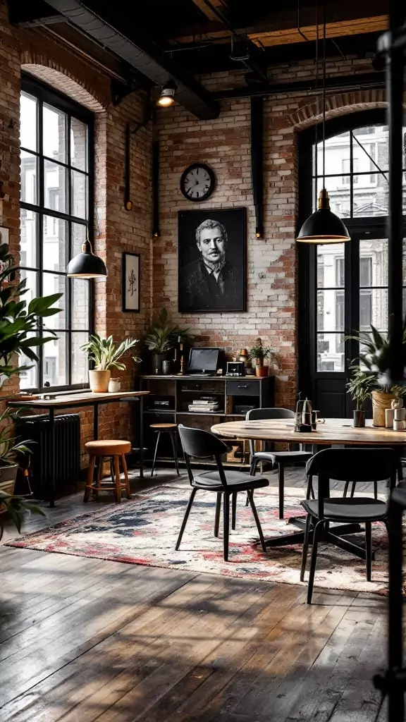 A stylish black and brass industrial office featuring exposed brick walls, wooden furniture, and modern decor.