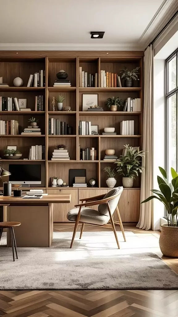 A stylish office with built-in wooden bookshelves, a modern wood desk, and greenery.