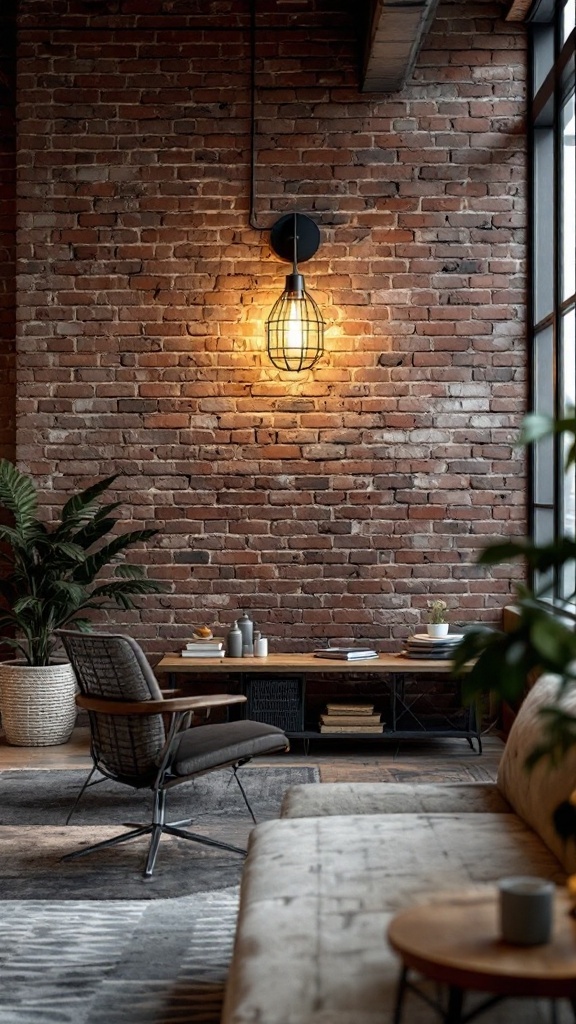 An industrial-style wall sconce illuminating a brick wall in a modern office setting.
