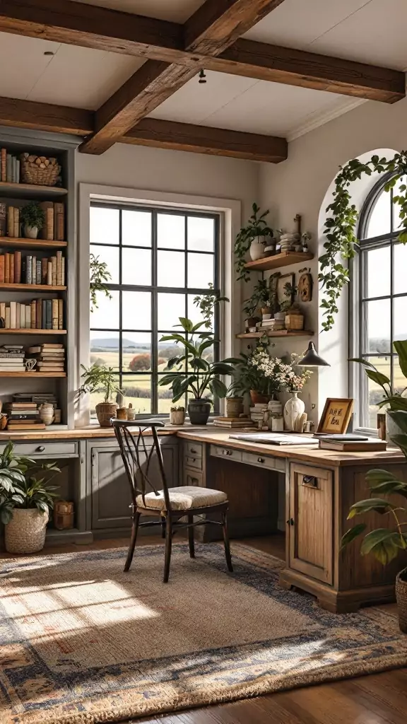 A rustic farmhouse office featuring built-in storage, a wooden desk, and large windows.