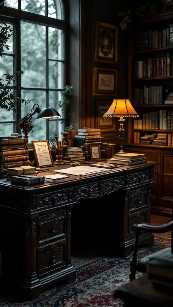 An old wooden desk surrounded by books and a warm lamp in a dark academia office setting.