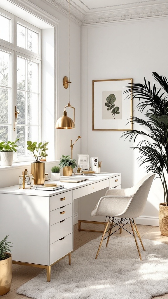 A white and gold decorated office space with a desk, chair, and plants.