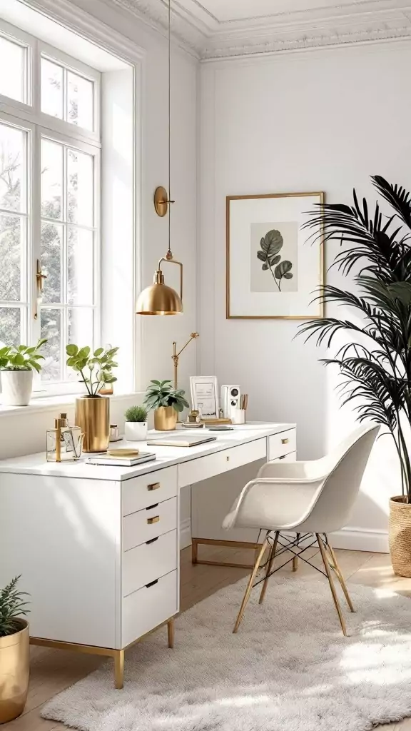A white and gold decorated office space with a desk, chair, and plants.