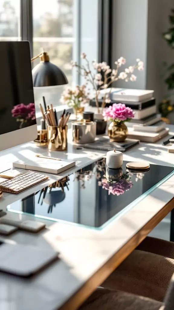 A stylish desk with a glass desktop pad, decorated with flowers, stationery, and a computer.