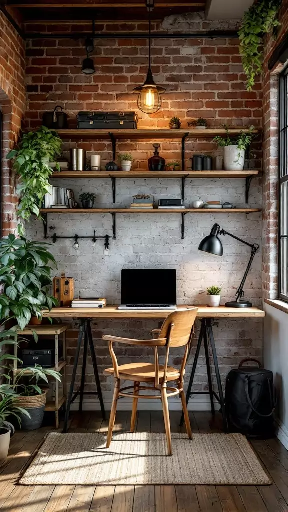 An industrial home office nook featuring exposed brick walls, wooden desk, and cozy decor.