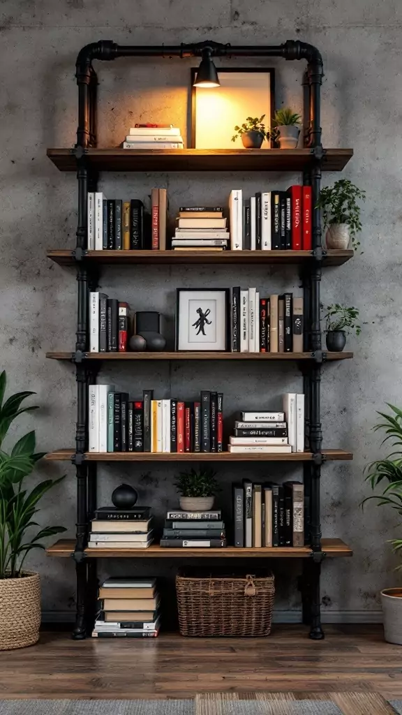 A stylish industrial pipe bookshelf with wooden shelves and books.