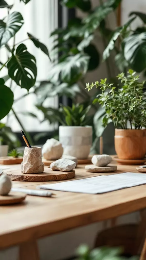 A desk featuring natural stone accessories and greenery, showcasing an earthy modern office aesthetic.