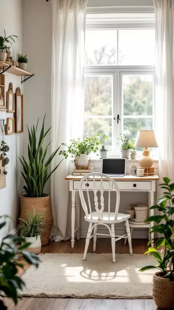 A cozy shabby chic farmhouse office with a white desk, a chair, plants, and natural light.