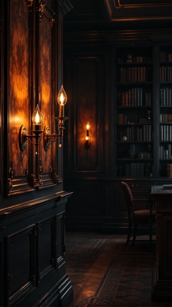 Vintage wall sconces illuminating a dark wood office space