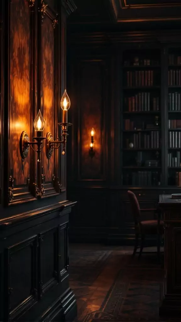 Vintage wall sconces illuminating a dark wood office space