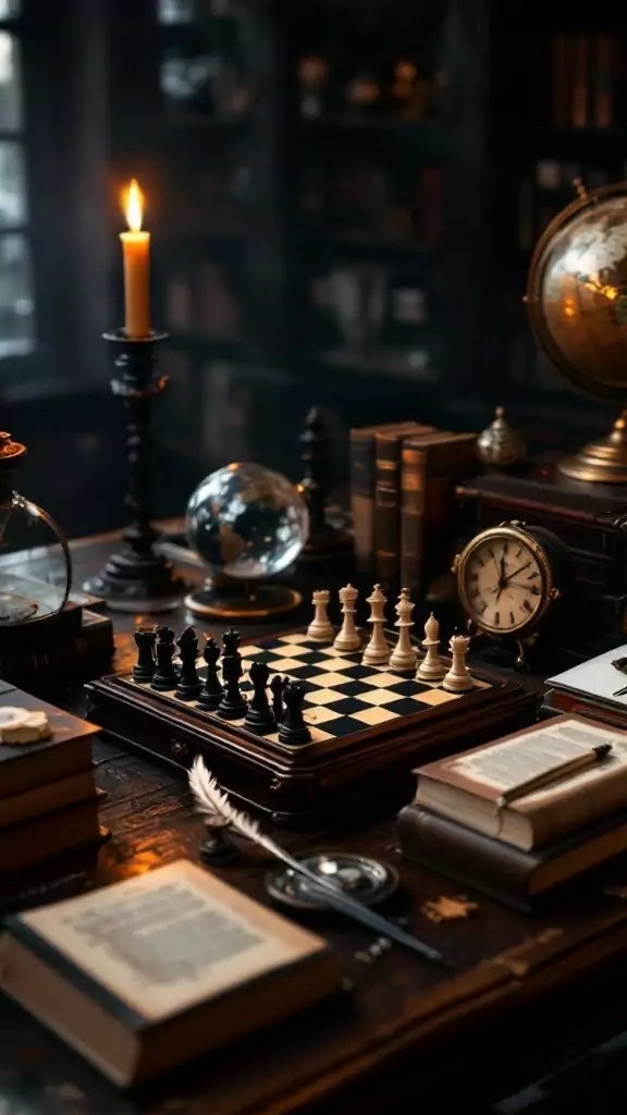 A classic chess set on a dark wooden desk surrounded by books and decor.