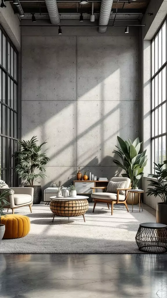 A modern office space featuring a concrete wall, plants, and stylish furniture.