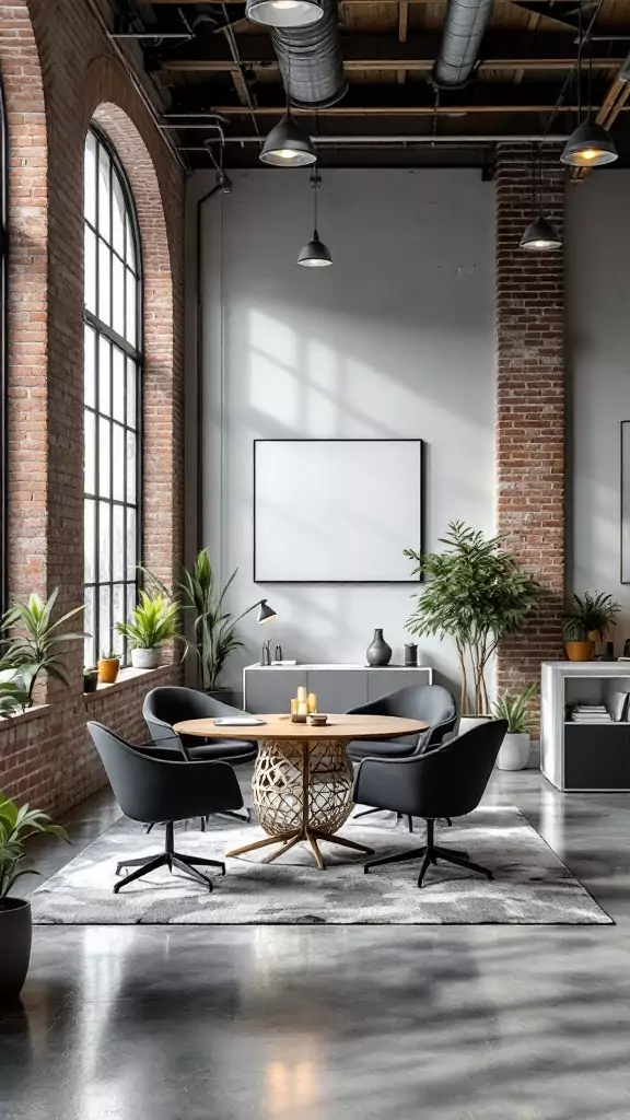 Sleek industrial corporate office featuring exposed brick walls and modern furniture.